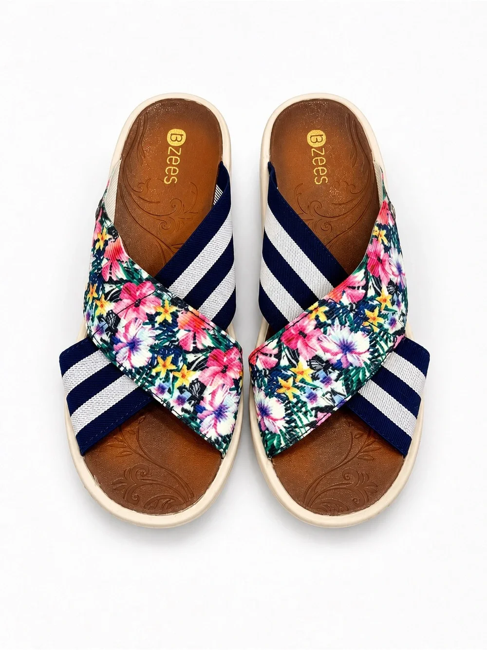 Bzees Desire Floral Striped Crisscross Wedge Sandals Navy White Women’s 9M